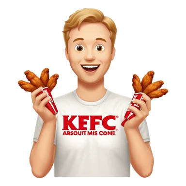 "Create an emoji of a white man holding KFC chicken wings with a happy and excited expression. Make sure to add the text 'KFC ABSOLUTE CINEMA ✋😮🤚' in large, bold letters, covering the entire screen and standing out clearly. This text must be included. Use a vibrant and expressive style." sticker