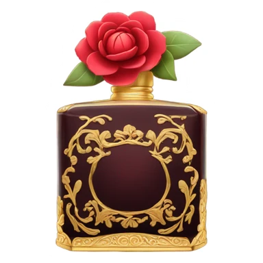 Dark red ornate perfume bottle with red camellias and golden accents sticker