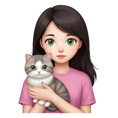 This Chinese girl's got fair skin and big black eyes. She's got long dark brown hair and she's wearing a pink t-shirt. She's holding a Scottish Fold cat. The cat's got light green eyeballs and white fur. sticker