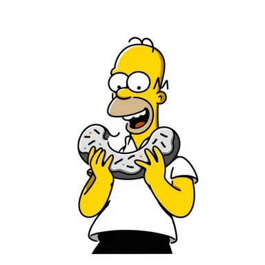 Homer Simpson hand-drawn doodle style, yellow skin, bald head with two hairs, white shirt, blue pants, eating a donut sticker