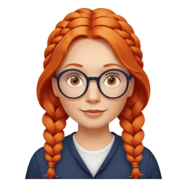 middle-aged Norwegian woman with long wavy orange-red hair styled as a single braid on one side, wearing large round glasses, friendly look sticker