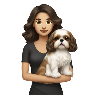 Young dark brunette medium kin hair woman with a golden shih tzu in her arms long wavy hair sticker
