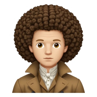 pale man, 1700s, white shirt brown coat, big afro curly hair, not too animated, no jewelry sticker