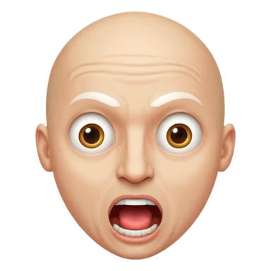 Cabaret portrait of a bald man with a whitened face and made-up eyes and mouth, a huge, wide-open mouth and a startled look sticker