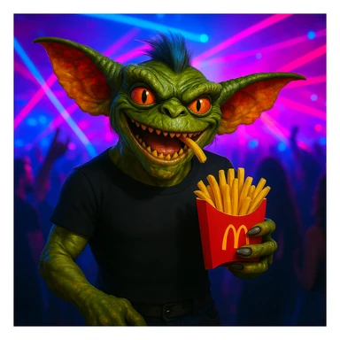 Change the gremlin's see-through top to black, keep the techno party and McDonald's fries theme. sticker