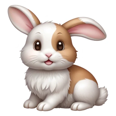 Cinematic Cute White and Brown Rabbit Portrait Emoji, Head tilted playfully and inquisitively, featuring a silky fur with a delicate mix of white and brown patches, round, sparkling eyes filled with curiosity, Simplified yet irresistibly adorable features, highly detailed, glowing with a warm, friendly glow, high shine, affectionate and lively, stylized with a touch of whimsy, bright and endearing, soft glowing outline, capturing the essence of a mischievous yet loving bunny, so playful it feels like it could hop out of the screen and into your arms! sticker