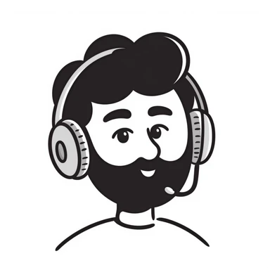 A person with black hair, brown eyes, black beard wearing gaming headphones, saying "Bonjour!" sticker
