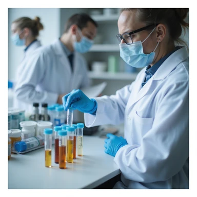 realistic doctor labeling test tubes with fecal samples for parasitological analysis, organized laboratory sticker