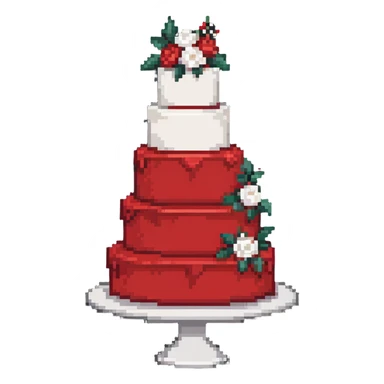Red wedding cake with white frosting details and small roses sticker