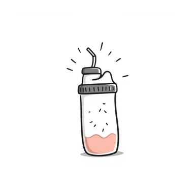 A protein shake in a shaker bottle with details in pastel colors (dd9fb0, ffc6d3, a3bfc9, c4bee2, f1b091), hand-drawn doodle style sticker