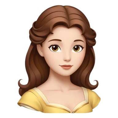 Cinematic Timeless Belle Portrait Emoji, rendered in a clean, vector style. Depict Belle with fair, luminous skin, beautifully arranged brown hair, and a serene, graceful expression, dressed in her classic attire. The design features bold, simplified shapes, a soft, enchanting glow, and a subtle glowing outline, capturing the essence of pure, timeless beauty. sticker