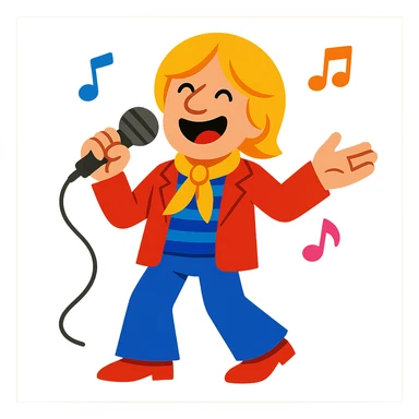 cheerful cartoon character inspired by French singer Dave, holding microphone and singing, musical notes around, vibrant playful style sticker
