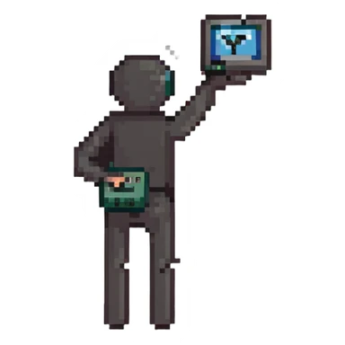 Stick figure throwing a tiny computer sticker