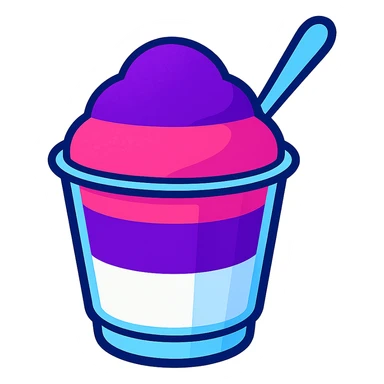 Italian ice with three distinct stripes: purple, pink, and white, in a transparent cup, with a spoon sticker
