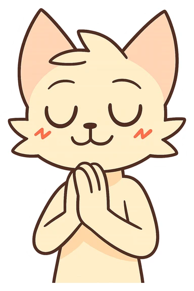Edit the character in the reference image to be praying with eyes closed and smiling, using 2D flat colors style, and remove the background to be transparent or no background. sticker