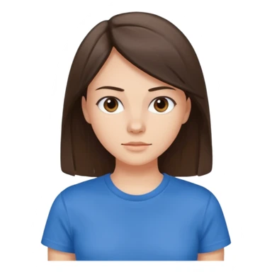 young brunette brawn-eyed woman with straight hair with a blue t-shirt with  sticker