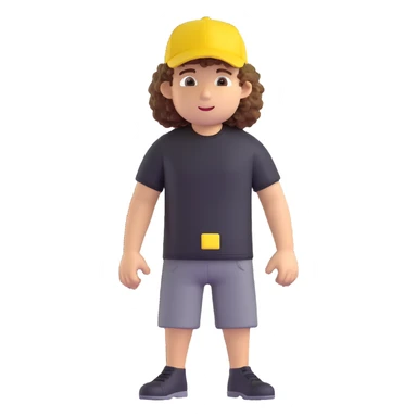 create a character, cute guy, curly, in a black t-shirt and a yellow cap, in 3d sticker