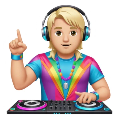 blond big man in colorful dj outfit pointing next to him sticker
