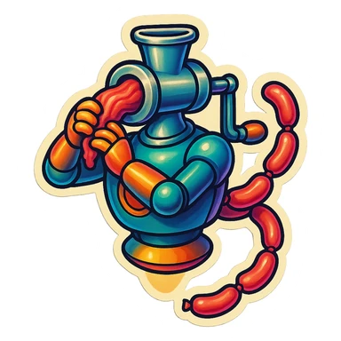 a robot that has a large meat grinder for a head. 2 arms that stuff meat into its meat hole. meat is processed and sausage links come out of the rear. The robot doesnt have legs it hovers.style is not lifelike. sticker or emoji style. robot feeds itself meat sticker