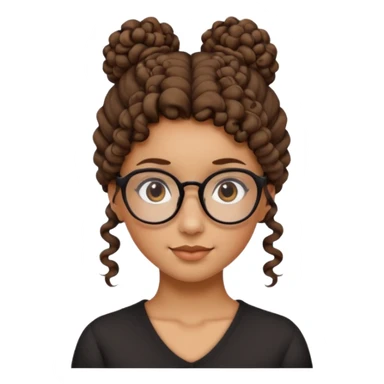 un chica con pelo rizado el peinadpo: un recogido osea todo el pelo recogido menos dos mechones alante que le llega hasta el cuello. luego pil un poco morena ojos marrones y tiene gafas negras y son exagonales pero un poco redondeadas.  sticker