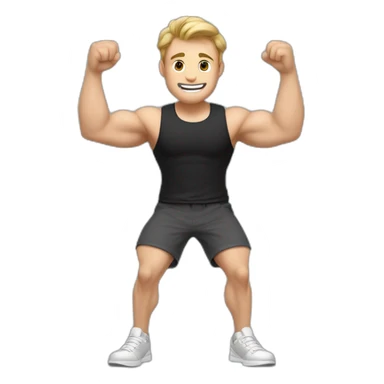 To belt Actively gesturing with hands Pale skinned Fit Man With the biceps and light brown hair in black shirt, gray sports shorts and white Sneakers sticker