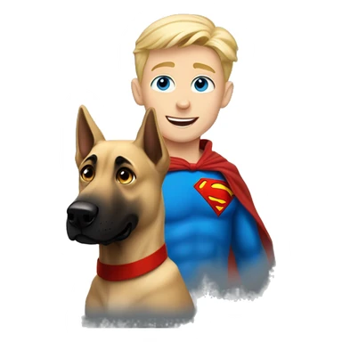 blond boy with blue eyes flying with his malinois dog superman sticker