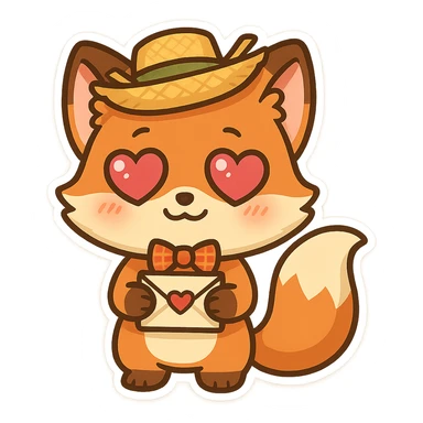 cute cartoon-style fox mascot wearing a festive festa junina outfit, holding a love letter in her paws, big sparkling heart eyes, shy happy expression, orange with white belly and fluffy tail, cheerful character, emoji-like proportions, minimal or transparent background sticker
