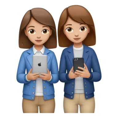 two brown haired girls, looking professional maybe leaned on each others back and looking forward and using phones, with longer hair and with some cute clothes without ties, one girl can hold lap top another one can hold the phone sticker
