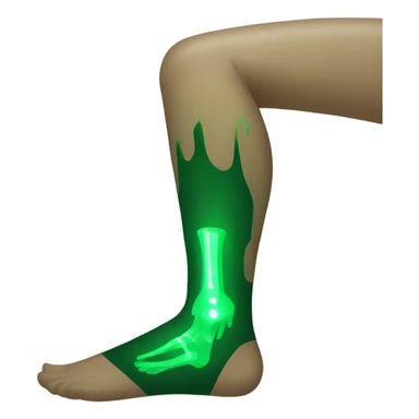 A leg in a cast glowing green from radiation  sticker