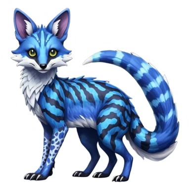 Feral Rare Fantasy scaled scaly evil spooky vibrant dark shady shaded detailed deep-dark-cobalt-blue-gradients-colored colorful Vernid-Sergal-Genet-Trico-Fox-species by LiLaiRa, with dark-blackish points, white belly, random markings, tufted tail, tufted ears, full body sticker