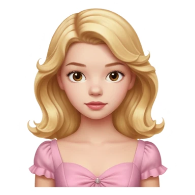 Cinematic Realistic Anya Taylor Joy Portrait, depicted with lifelike skin texture, subtle rosy undertones, and soft natural lighting that enhances the sweet blush contours of her face. Her intricately detailed golden blonde hair is elegantly wavy, and pink dress corquette sticker