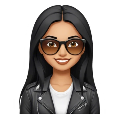 beautiful fit woman, with long straight black hair, with make up, black eye liner, smile mooth close, mexican, brown skin, wearing white tee, wearing leather black jacket, solar wayfarer on the tip of the nose, flirting sticker