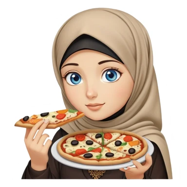 Turkish beautiful finish Konya girl blue eyes with beige and black hijab islamic dress and eating with her hand a slice of vegetable pizza  sticker