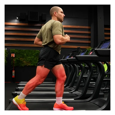 Maintain the realistic style of the man as in the photo, but modify only the legs to appear reddened and inflamed to show muscular and joint overload. Keep the rest of the body unchanged. The style should remain realistic. sticker