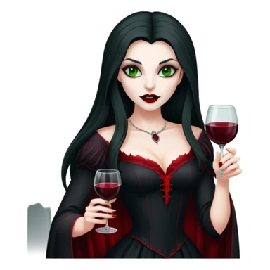 A beautiful vampire countess in a black dress with neat fangs and blood on her lips in her hands a glass of red wine. The Countess is very slim with long dark hair and green eyes sticker