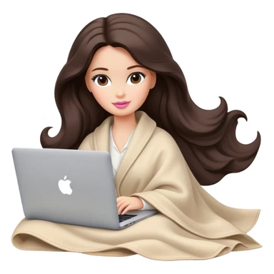 Barbie girl with a long wavy dark brown hair in pale beige clothes inside a pale beige blanket working macbook  sticker