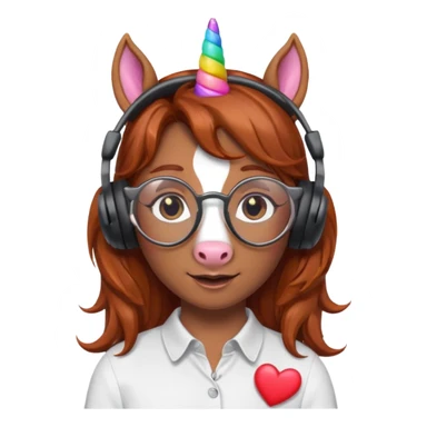headphone wearing unicorn with dark ginger hair and heart shaped spectacles sticker