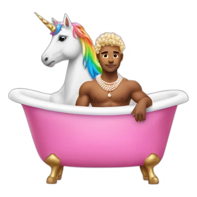 Posh-muscle-boy-with-pearl-necklace-and-rainbow-unicorn-hair-in-golden-bathtub sticker