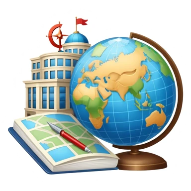 An icon featuring a hotel building, and a globe, symbolizing the scientific study of tourism and hospitality. The design includes a map, a compass, and a checklist, representing travel planning and service management. Transparent background highlights the academic exploration of the tourism industry sticker