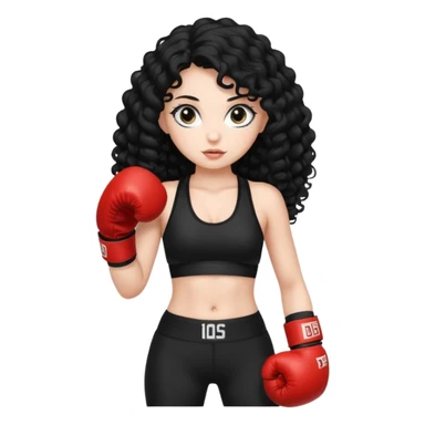 girl with fair skin, long black curly hair and big eyes, wear black sports bra and legging, and white boxing gloves sticker