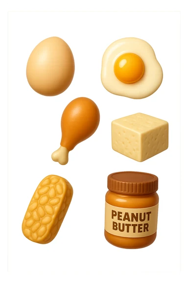 EMOJI STILE IPHONE DI
 uova, pollo, tofu, tempeh, burro di arachidi
, fluttuano in aria REALISTICA 4K sticker