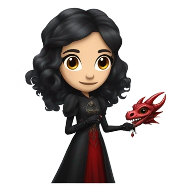 surprised Lavish black evening gown with see-through gloves, Jenna Ortega as Addams girl Jedi wearing a steampunk mini tiara, very large blood red evil-looking horned dragon sticker