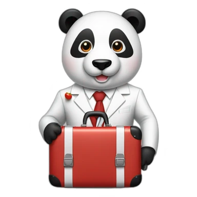 A man with white suit and red tie and a panda face eating a hotdog and holding a black suitcase sticker