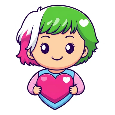 girl with pink and white hair, green eyes, smiling, holding a heart, sticker style sticker
