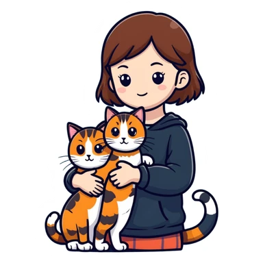 girl with brown hair holding two cats, one tortoiseshell cat and one Scottish cat sticker