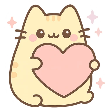 Add sparkles around Pusheen and the big heart, keep pastel yellow and peach, sweet and adorable, kawaii style, with no background sticker