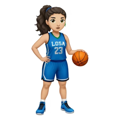 full body plus size light skin latino women basketball player with wavy dark hair in pony tail wide nose wearing blue uniform with green accent sticker