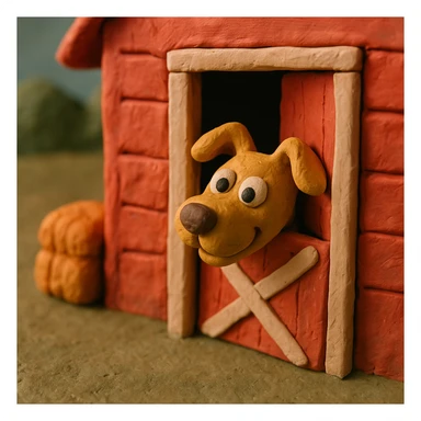 dog peeking out of a barn door, playful and cute, hand-molded details, claymation style sticker