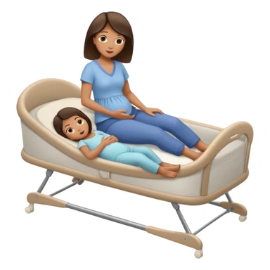 a mom laying down in a “C” position laying close to the she of the bed by her daughters bassinet while still trying to reach far back with her foot to touch her husband  sticker