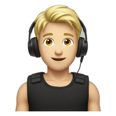 A blond short haired boy with a black tank shirt and a black headset sticker